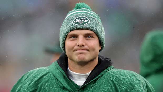 New York Jets quarterback Zach Wilson (2) reacts on the sideline during the first quarter against the Atlanta Falcons at MetLife Stadium.
